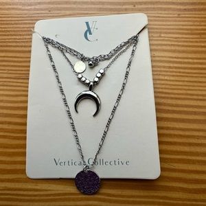 Vertical collective celestial Larriott necklace. Silver plated, hammered moon.